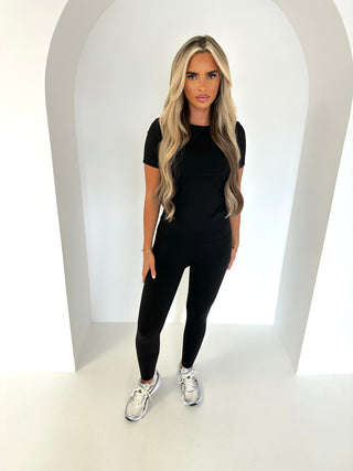EVIE short sleeve legging seamless gym two piece set BLACK