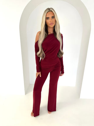 LOLA long sleeve off shoulder slinky flare trouser set BURGUNDY