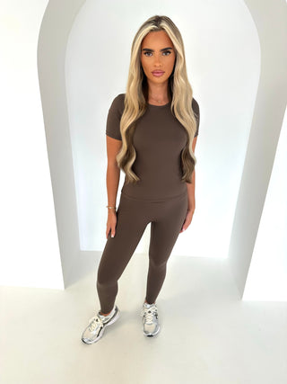 EVIE short sleeve legging seamless gym two piece set BROWN