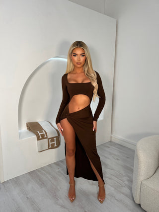 MEGHAN cut out long sleeve slit leg maxi dress BROWN