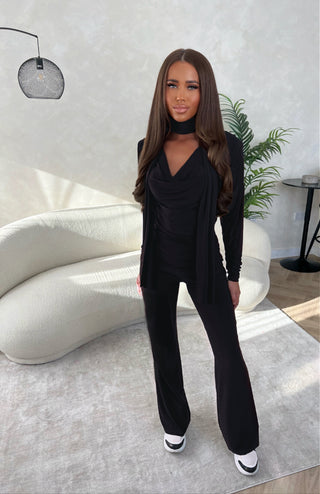 ARIYAH slinky three piece crowl neck flared lounge set BLACK