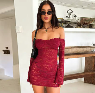MEGHAN lace off shoulder long sleeve mini dress BURGUNDY