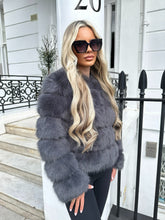 Load image into Gallery viewer, ROMA 6 row faux fur coat longer sleeve DARK GREY
