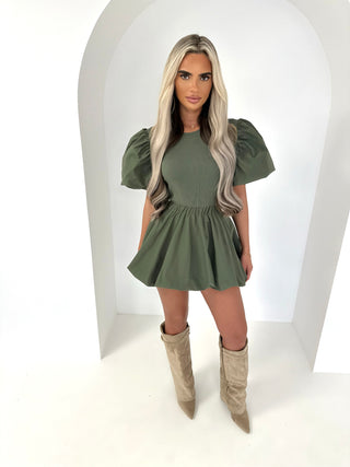 CONNIE puff sleeve puff ball ribbed dress KHAKI