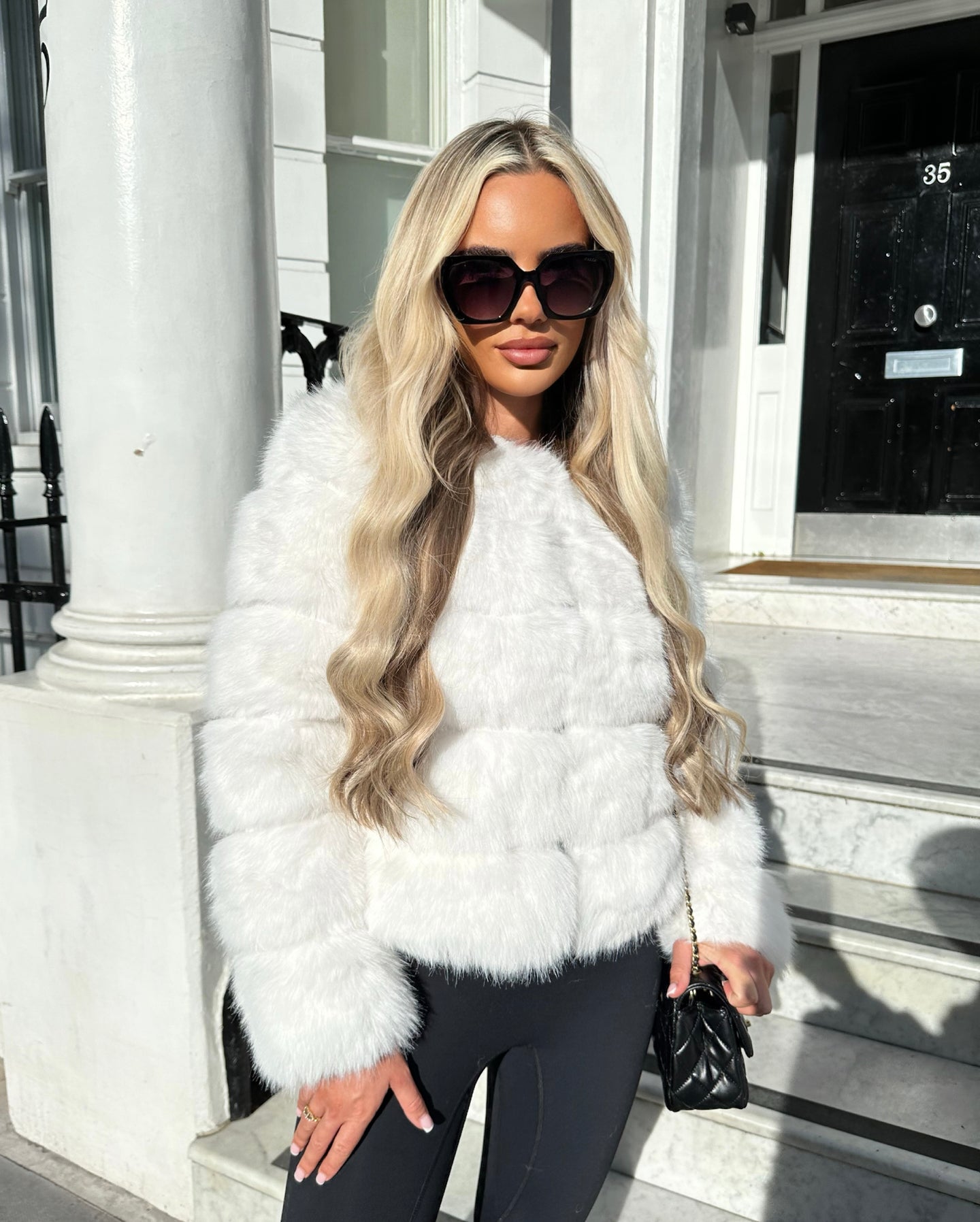 DOLCE faux fur 5 row coat cropped sleeve PURE WHITE