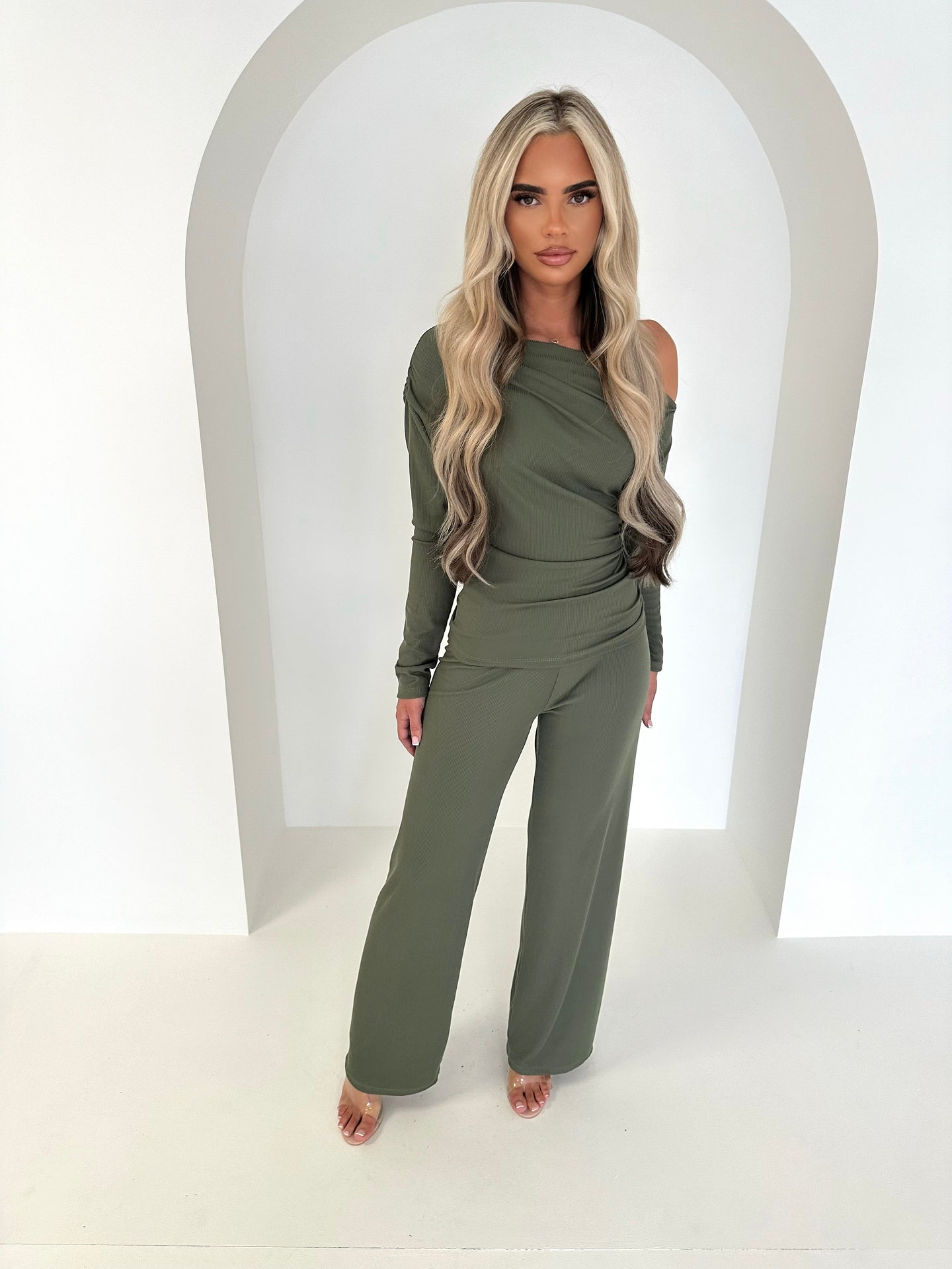 RAYNE ribbed one shoulder flared lounge set KHAKI