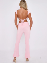 Load image into Gallery viewer, LUELLA slinky tie up backless ruched top  fold over fared trouser lounge set BABY PINK
