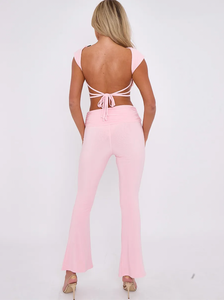 LUELLA slinky tie up backless ruched top  fold over fared trouser lounge set BABY PINK