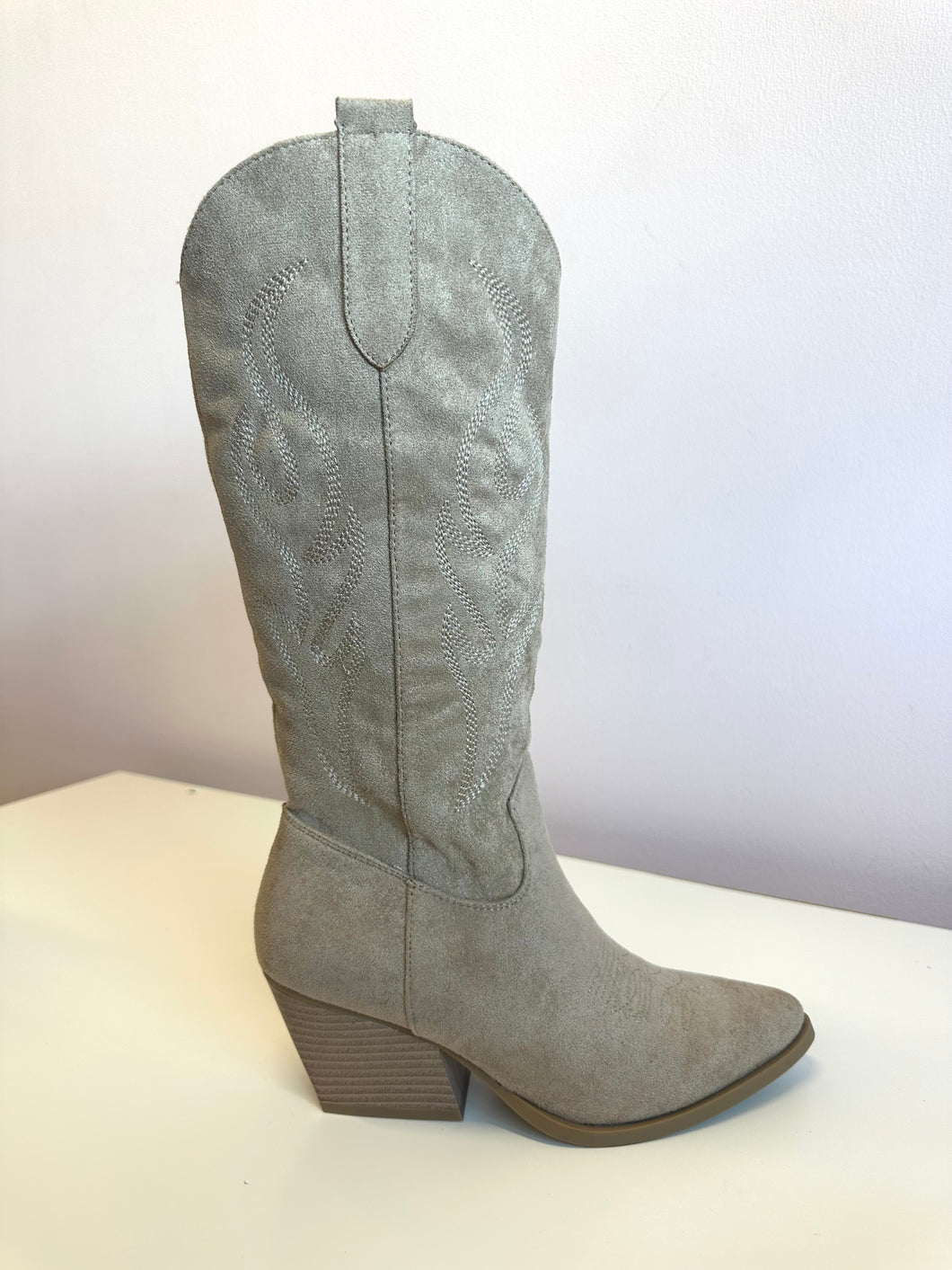 COWBOY faux suede knee high cowboy low heel boots TAUPE