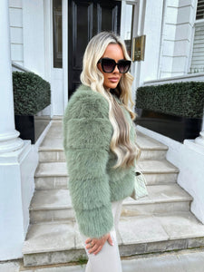 DOLCE faux fur 5 row coat cropped sleeve MATCHA GREEN