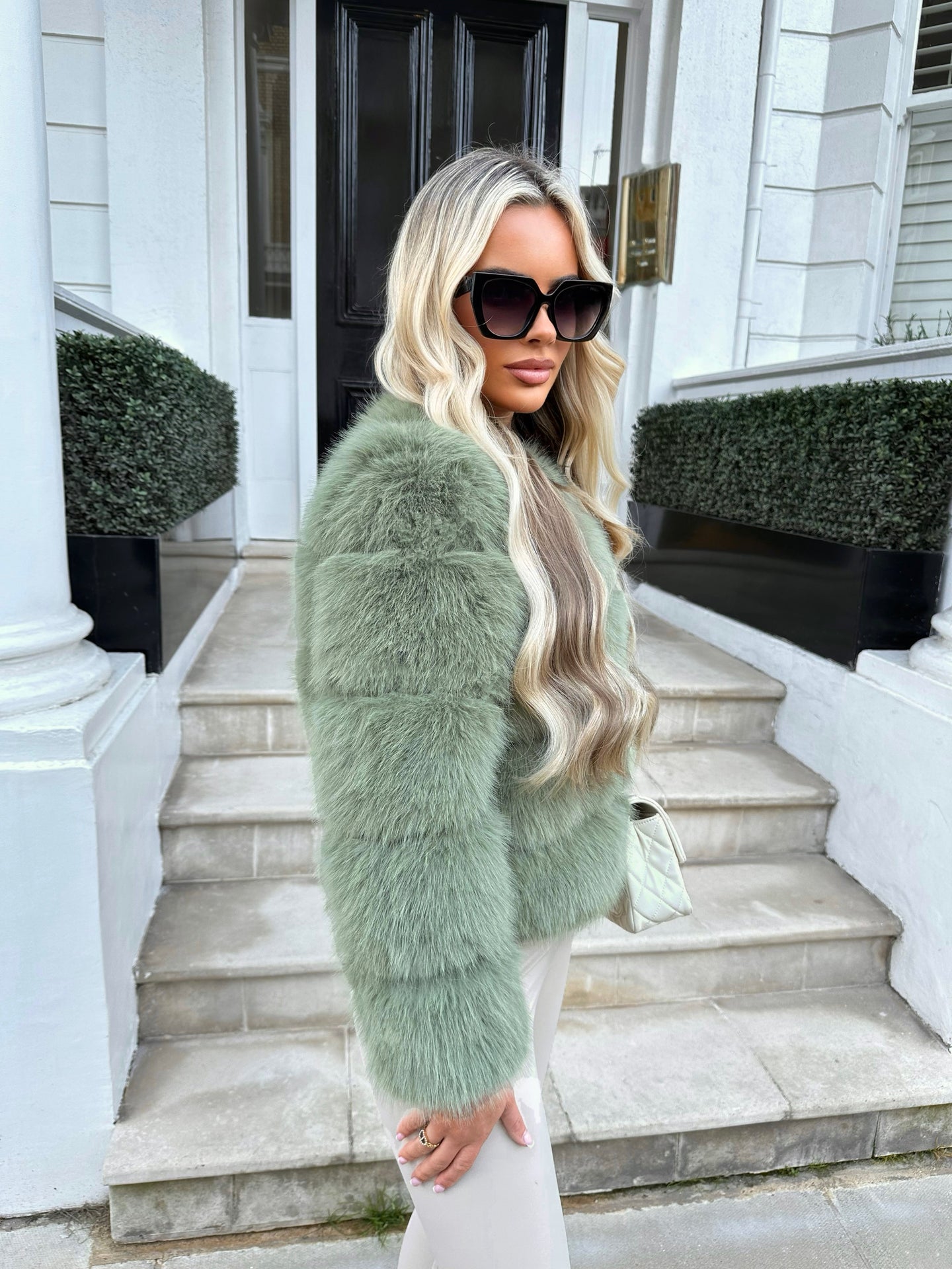 DOLCE faux fur 5 row coat cropped sleeve MATCHA GREEN