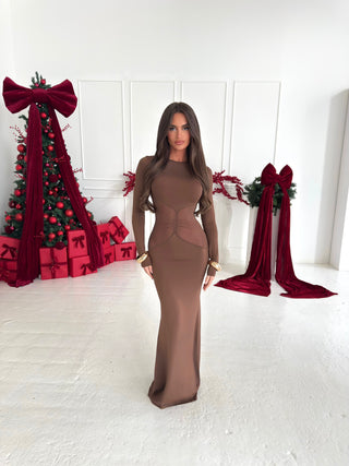 TAHLIA mesh ruched long sleeve maxi BROWN