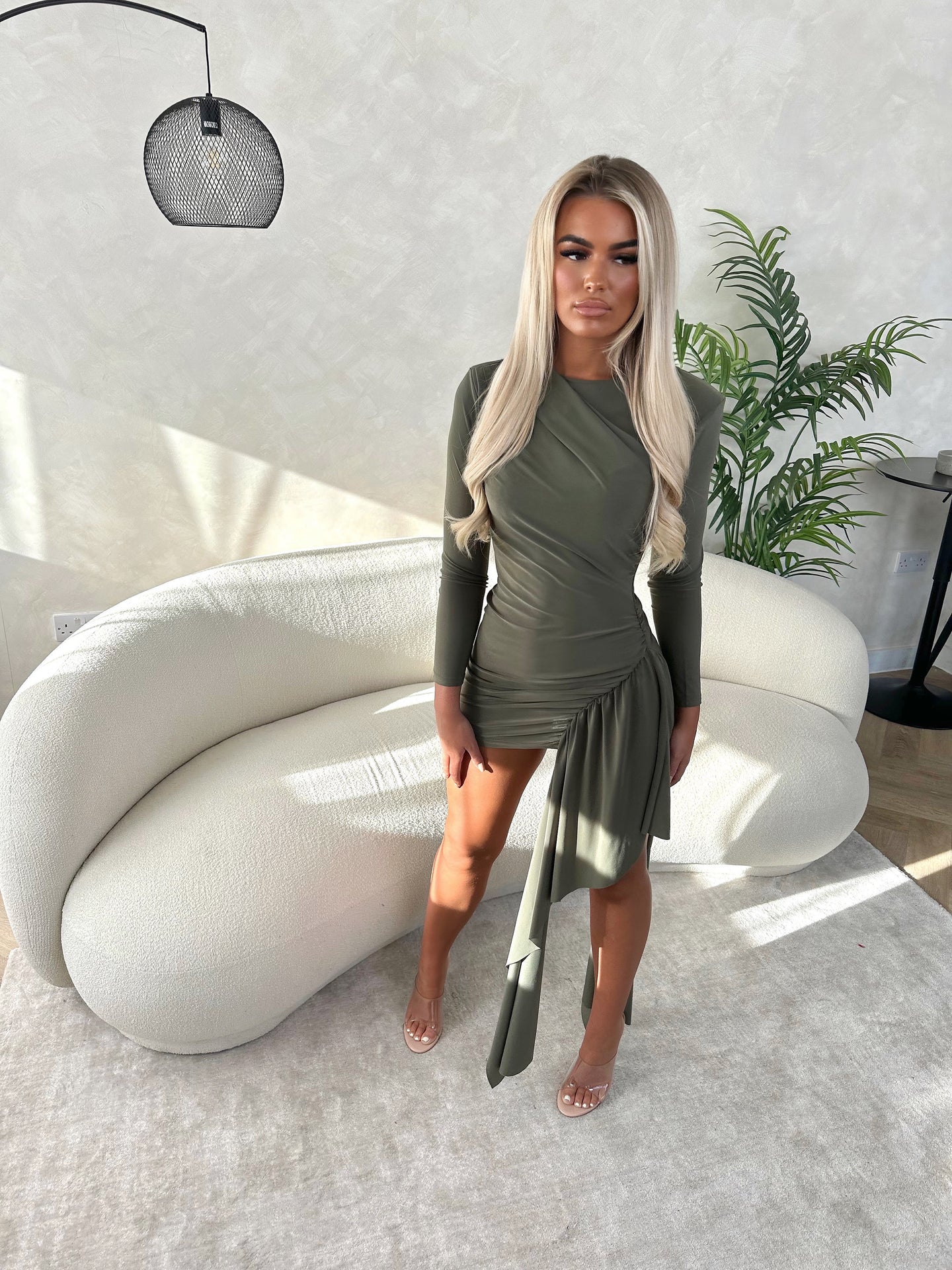 CLAUDIA draped long sleeve slinky dress KHAKI