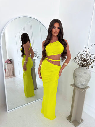 LILA cropped one shoulder rope top & maxi skirt two piece LIME
