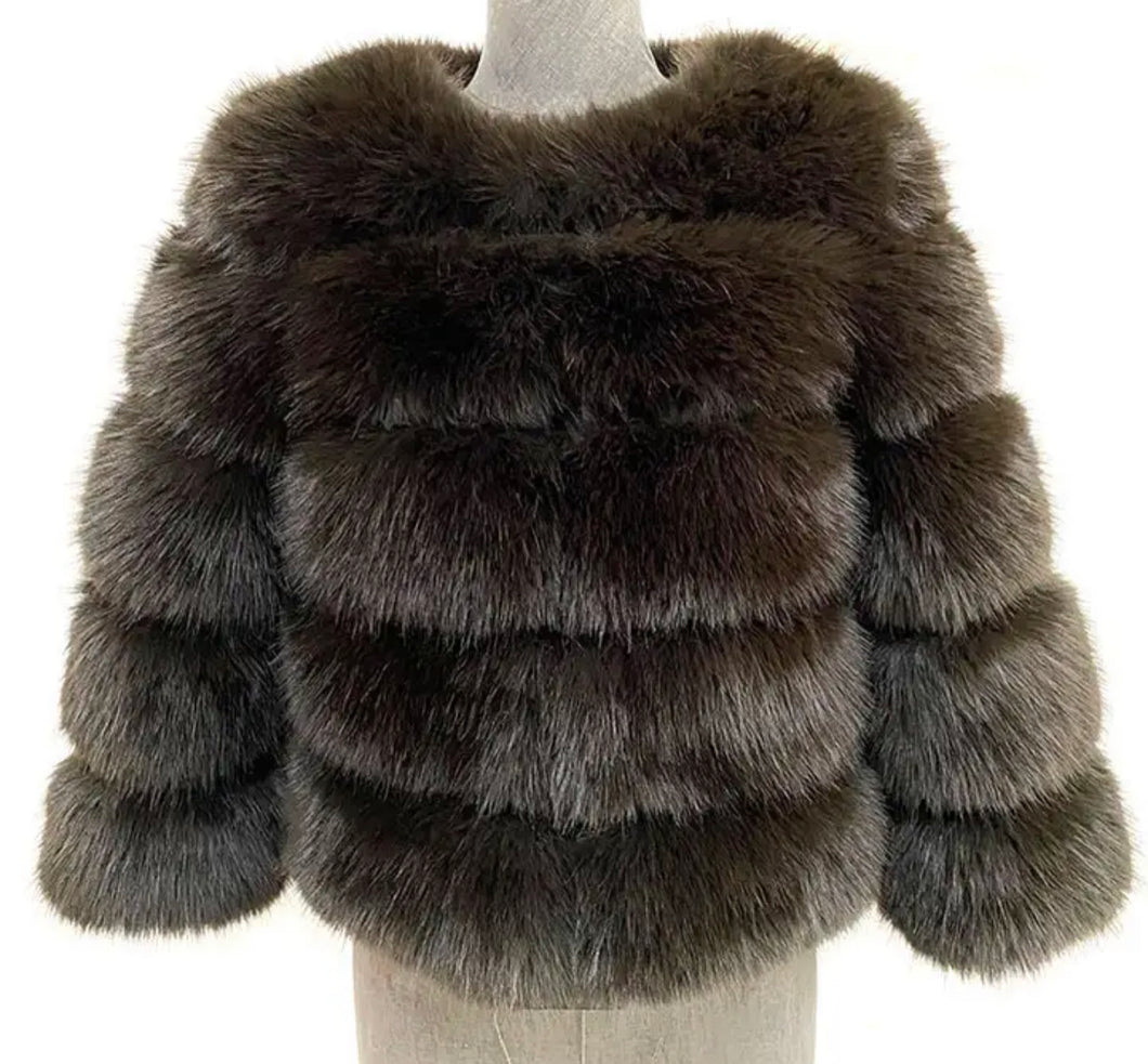 DOLCE faux fur 5 row coat cropped sleeve BROWN