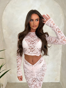 REYNA lace ruched front detail skirt long sleeve crop top two piece set BABY PINK
