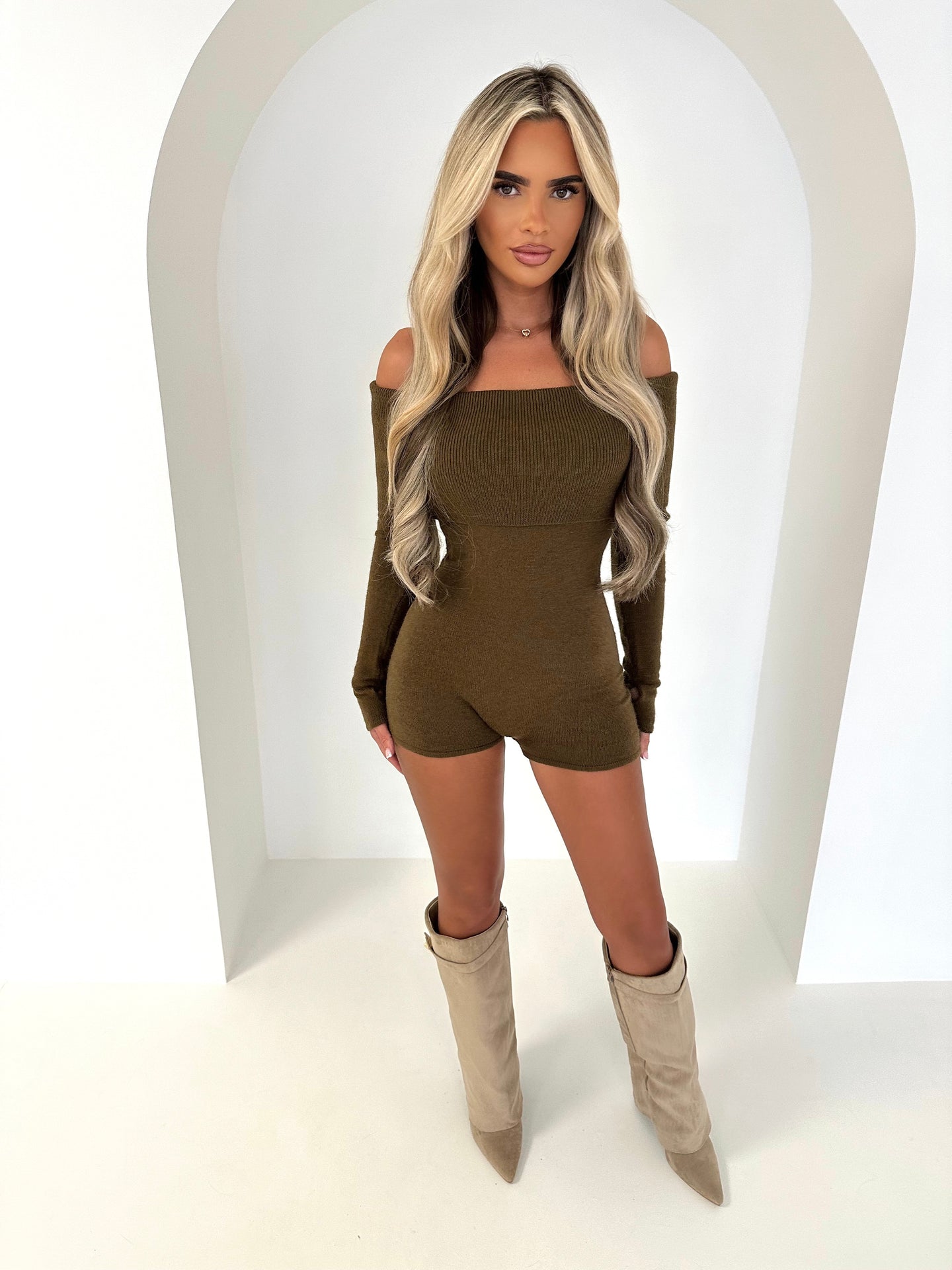 JACIE ribbed knit bardot playsuit OLIVE