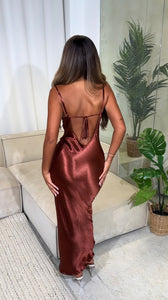 ALARA maxi silky tie back dress RUST BROWN