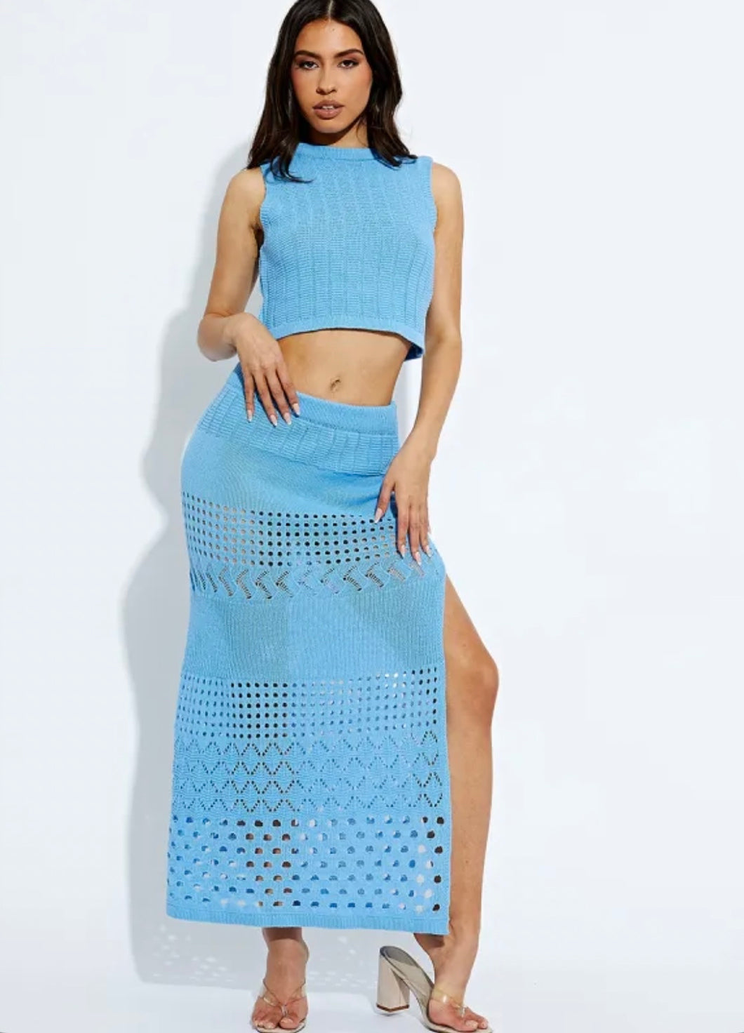 HANNAH knit crop top& slit skirt two piece BLUE
