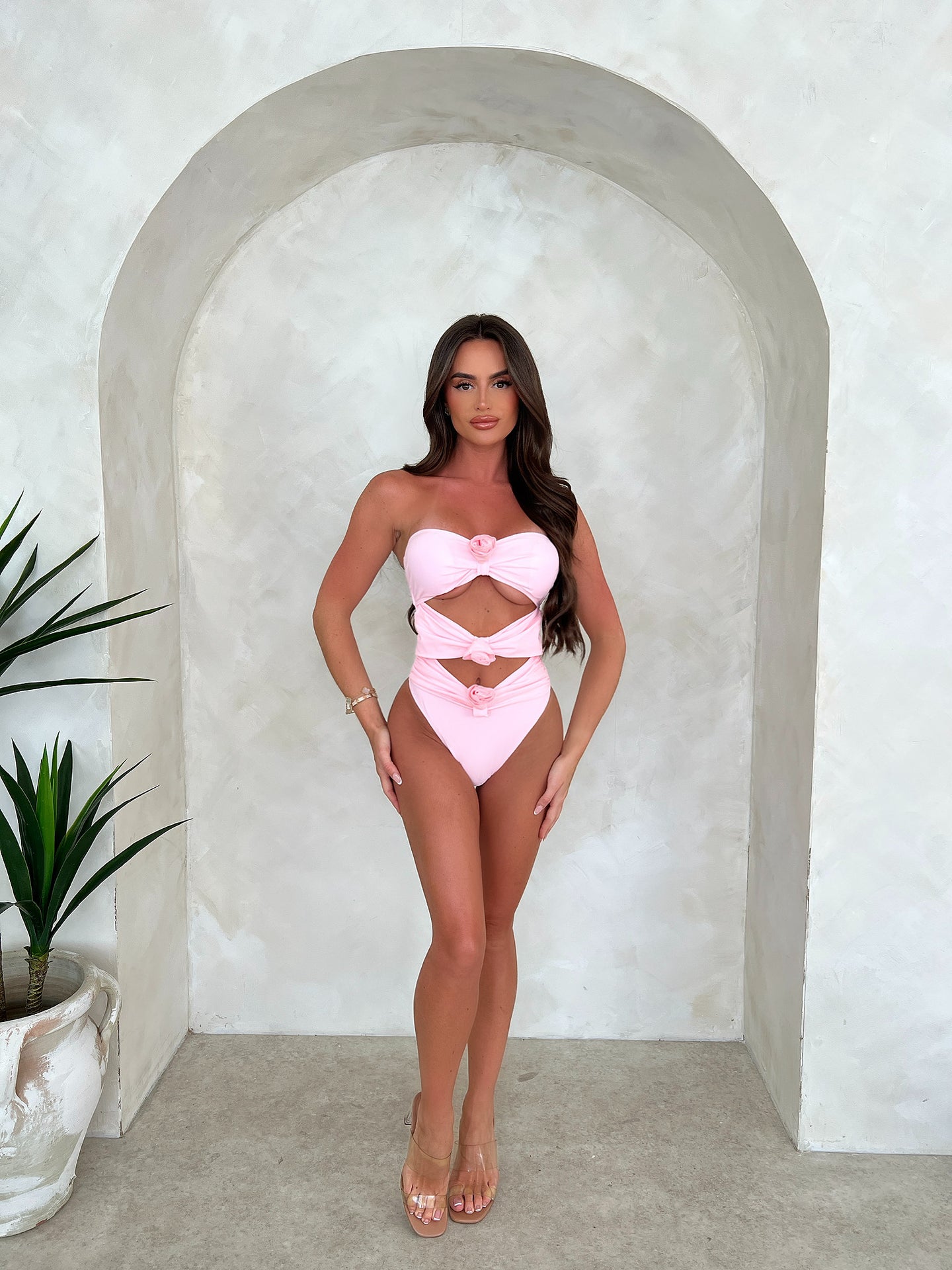 ROSA cut out front rose detail bandeau swimsuit PINK