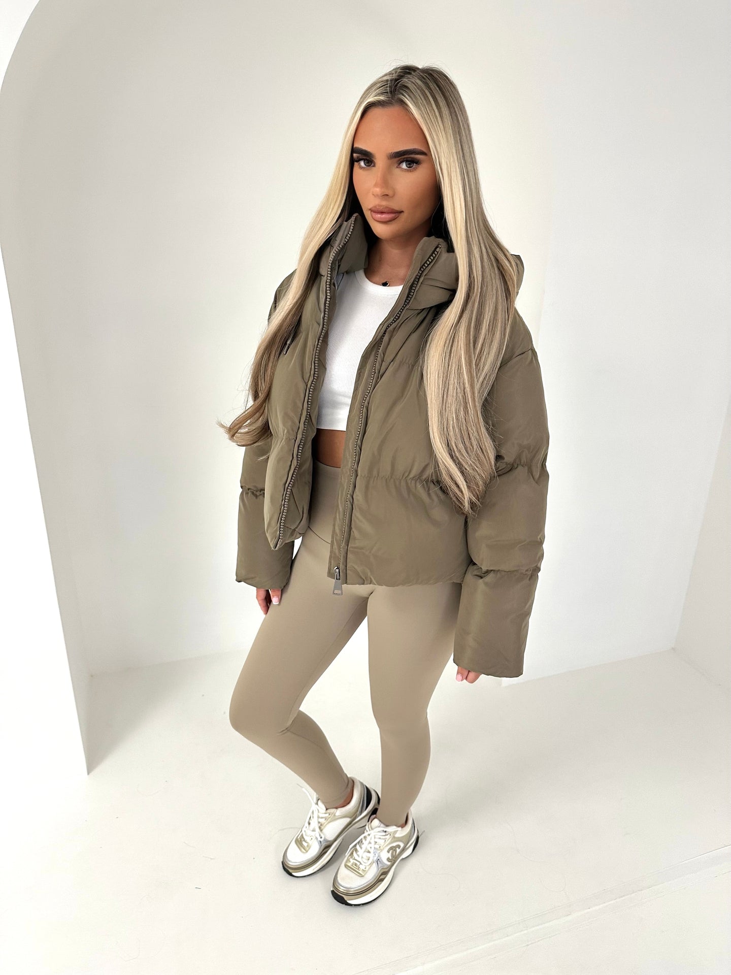 NYLAH cropped hooded puffer coat TAUPE
