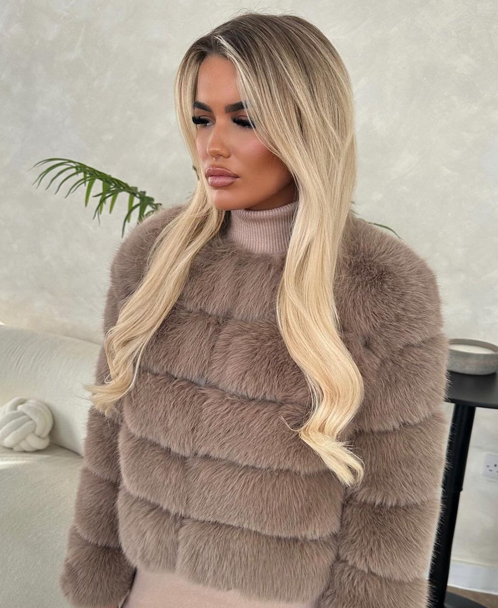 DOLCE faux fur 5 row coat cropped sleeve MOCHA