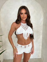 Load image into Gallery viewer, EVERLEY halterneck tassel crochet top and short two piece set WHITE
