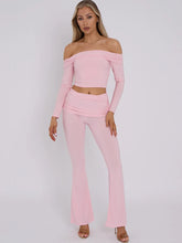 Load image into Gallery viewer, CLARA slinky fold over off shoulder top and fold over flared two piece BABY PINK
