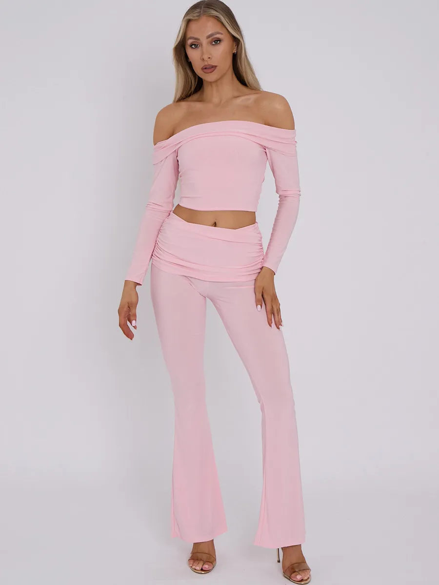 CLARA slinky fold over off shoulder top and fold over flared two piece BABY PINK