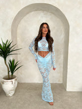 Load image into Gallery viewer, REYNA lace ruched front detail skirt long sleeve crop top two piece set BABY BLUE
