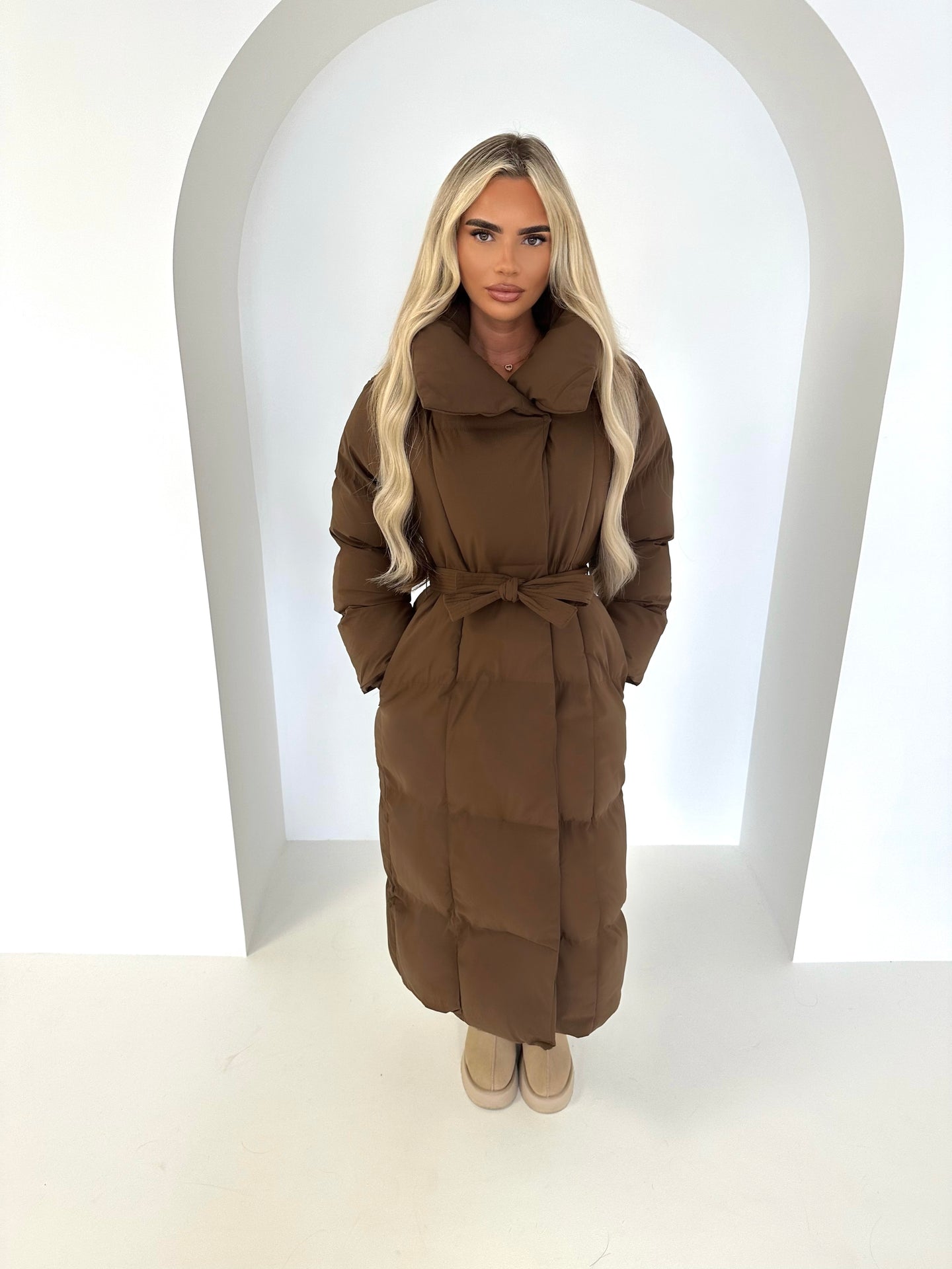 AUTUMN duvet padded long tie waist puffer coat BROWN