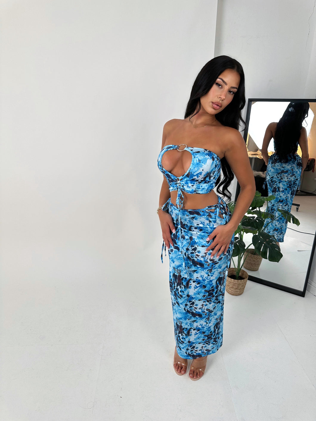 OLIVIA pattern bandeau tie up maxi skirt two piece BLUE
