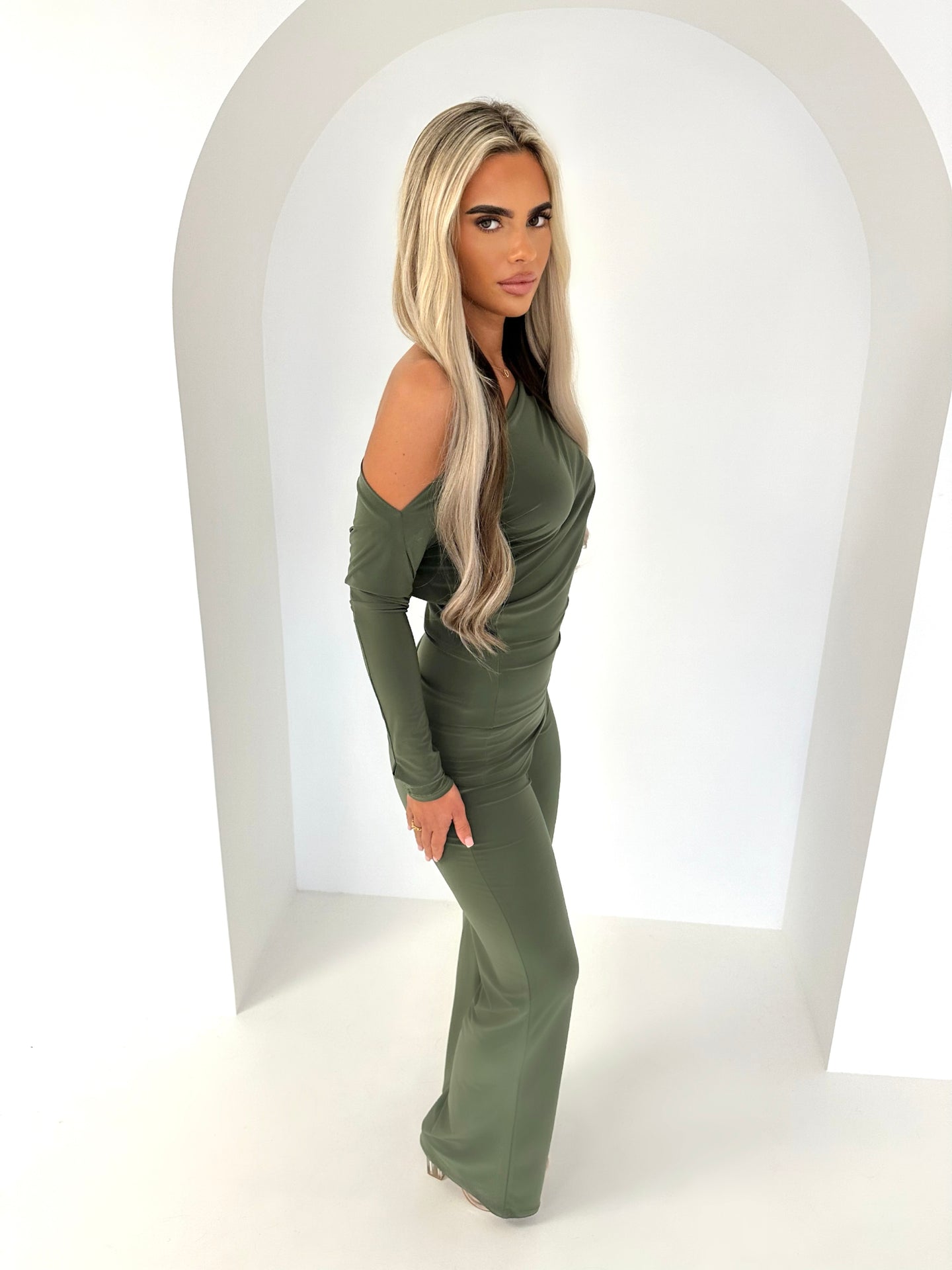 LOLA long sleeve off shoulder slinky flare trouser set KHAKI