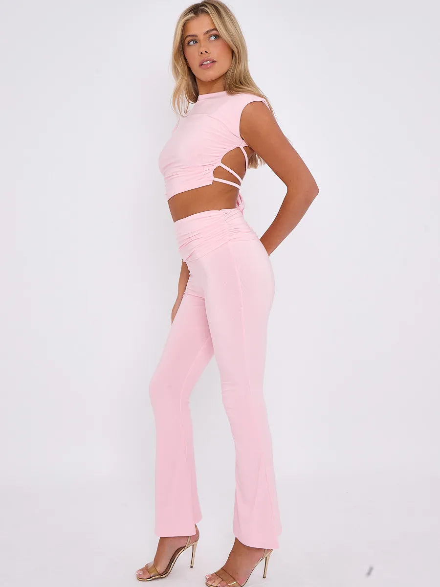 LUELLA slinky tie up backless ruched top  fold over fared trouser lounge set BABY PINK