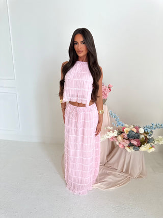 LILIANA chiffon ruffle halter neck top & maxi skirt two piece BABY PINK