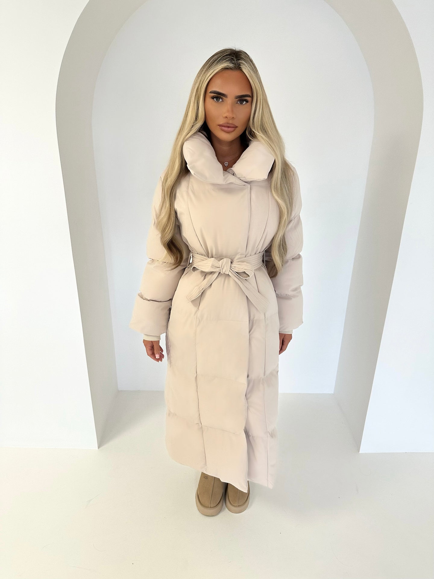 AUTUMN duvet padded long tie waist puffer coat CREAM