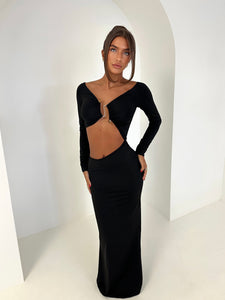 MALIA long sleeve cut out bead detailing maxi dress BLACK