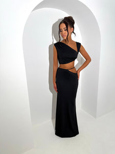 CEANNA one shoulder top cut out detail maxi skirt 2 piece BLACK