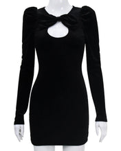 Load image into Gallery viewer, POLLY velour puff sleeve bow front cut out mini dress BLACK
