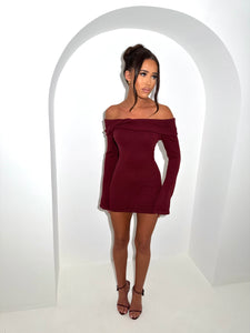 RIELLE knit twist off shoulder long sleeve mini dress BURGUNDY