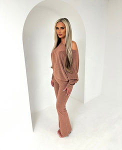 TALIA glitter long sleeve off shoulder flared two piece BRONZE