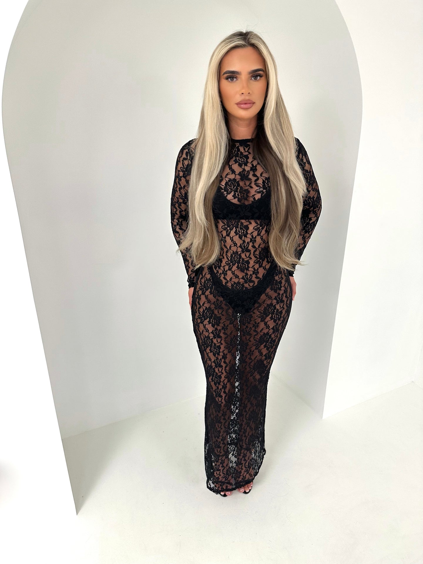 KACIE long sleeve lace maxi dress BLACK