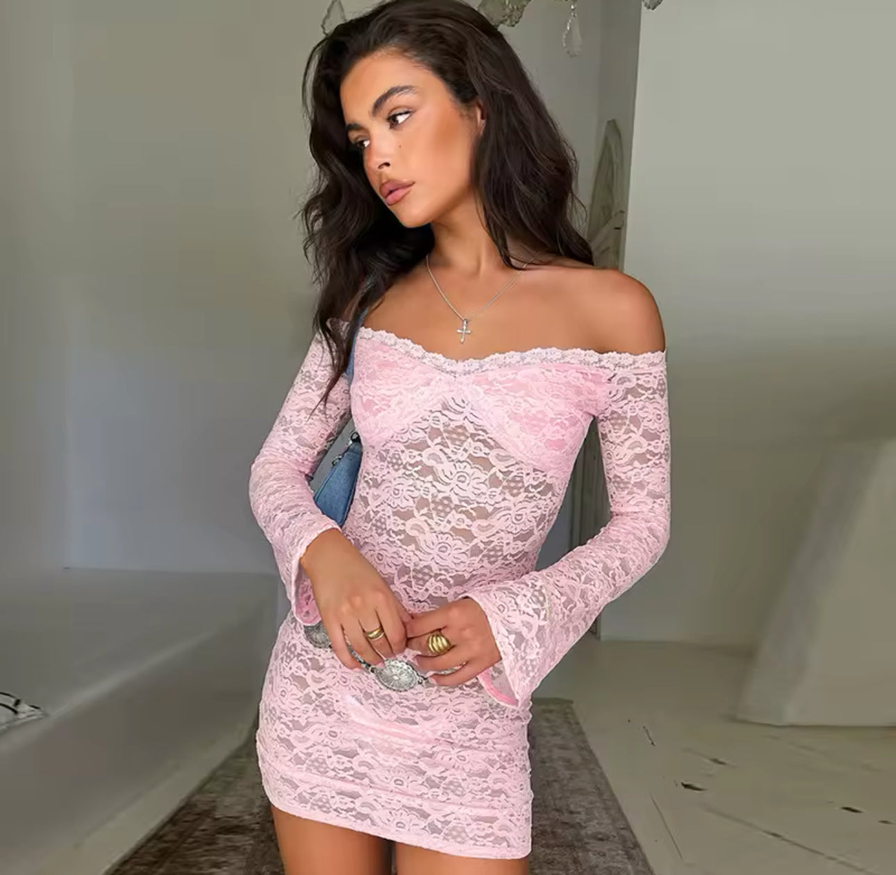 MEGHAN lace off shoulder long sleeve mini dress BABY PINK