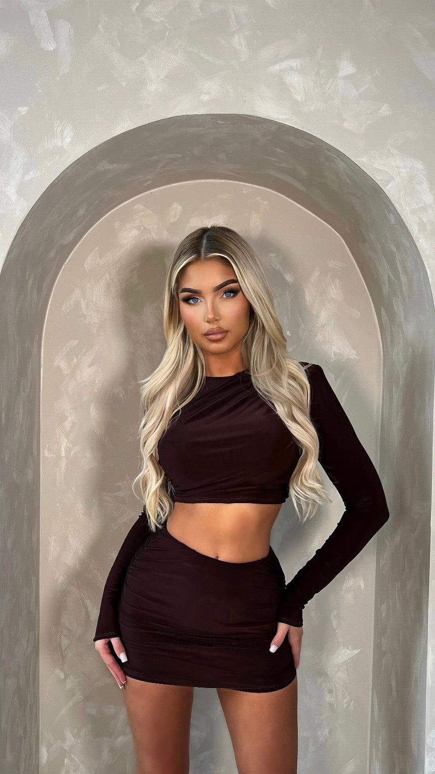 KADIE crossover style ruched skirt two piece BROWN