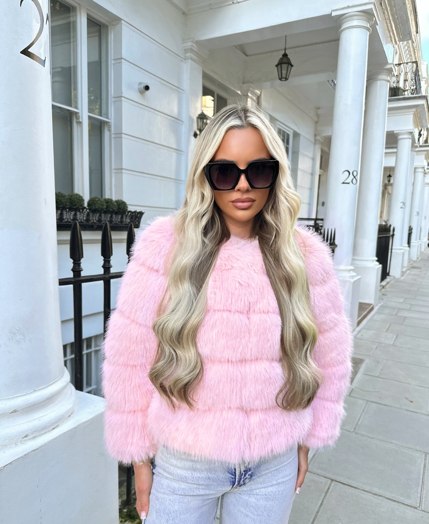 DOLCE faux fur 5 row coat cropped sleeve BABY PINK