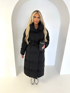 AUTUMN duvet padded long tie waist puffer coat BLACK