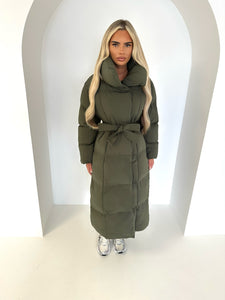 AUTUMN duvet padded long tie waist puffer coat KHAKI