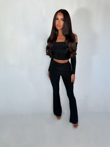 CLARA slinky fold over off shoulder top and fold over flared two piece BLACK