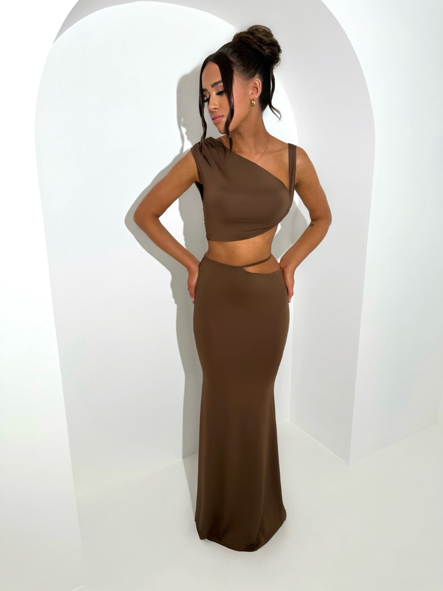 CEANNA one shoulder top cut out detail maxi skirt 2 piece BROWN