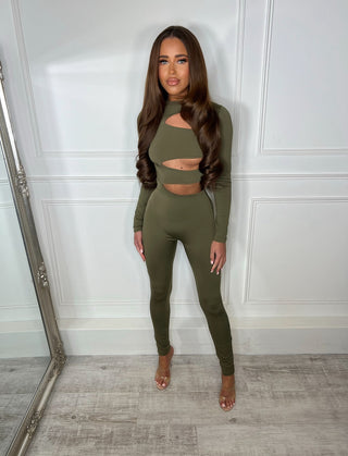 cut out front long sleeve stretchy jumpsuit KHAKI